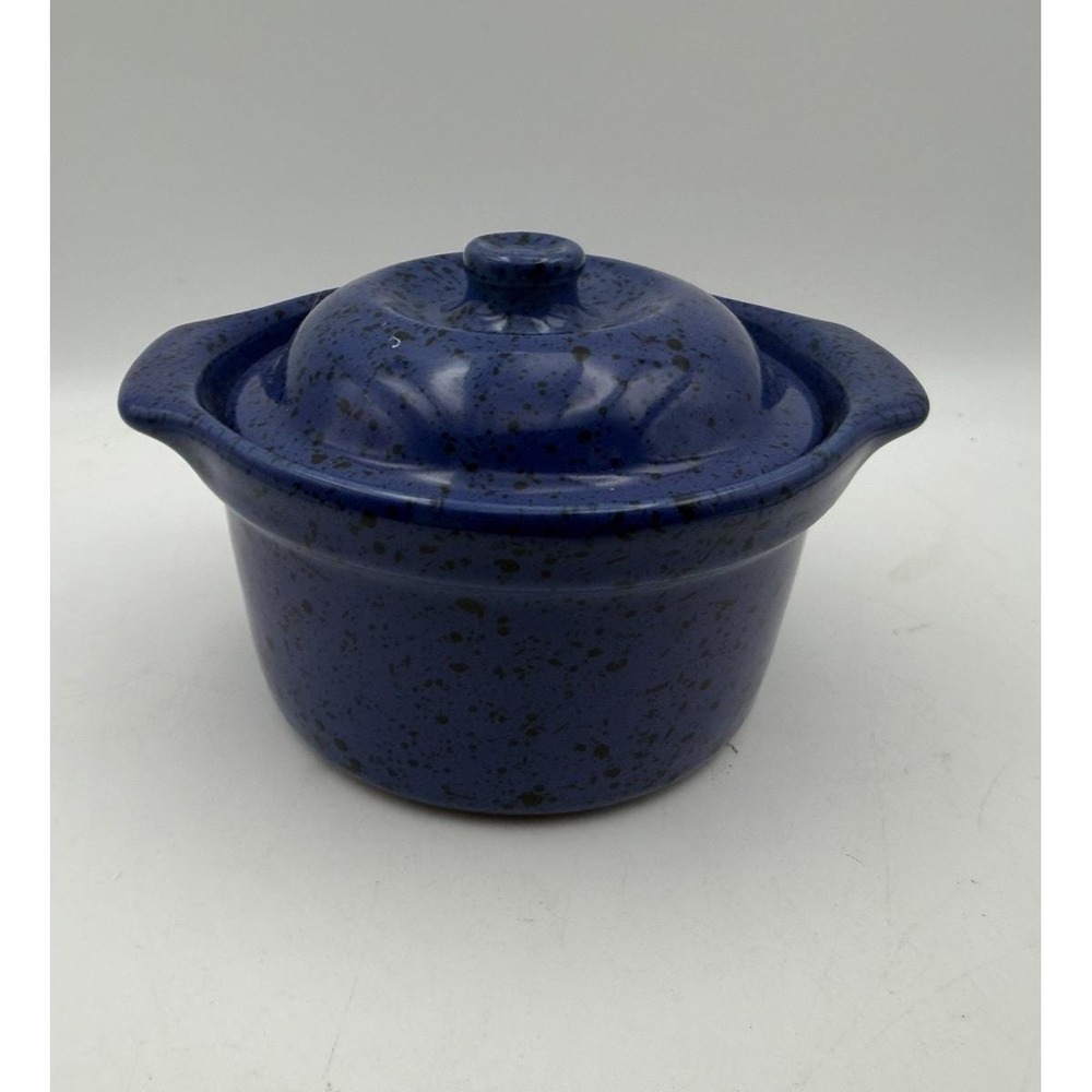 Vintage Made in Portugal Blue Speckled Mini Covered Crock Pottery Bean Soup Bowl